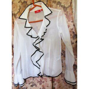 Oscar De La Renta Blouse White Long Sleeve Ruffle V Neck Button Shirt Womens 4